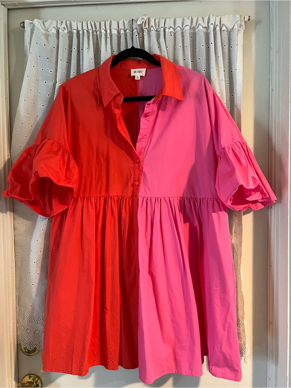 BiBi Two-Tone Red & Pink Button Babydoll Tunic - Picture 2 of 8